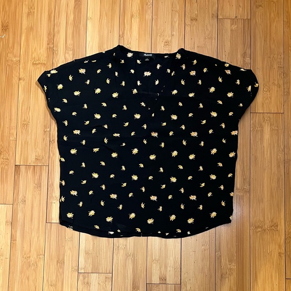 Madewell Drapey V-Neck Button Back Top Black French Daisies Size S - Picture 3 of 15